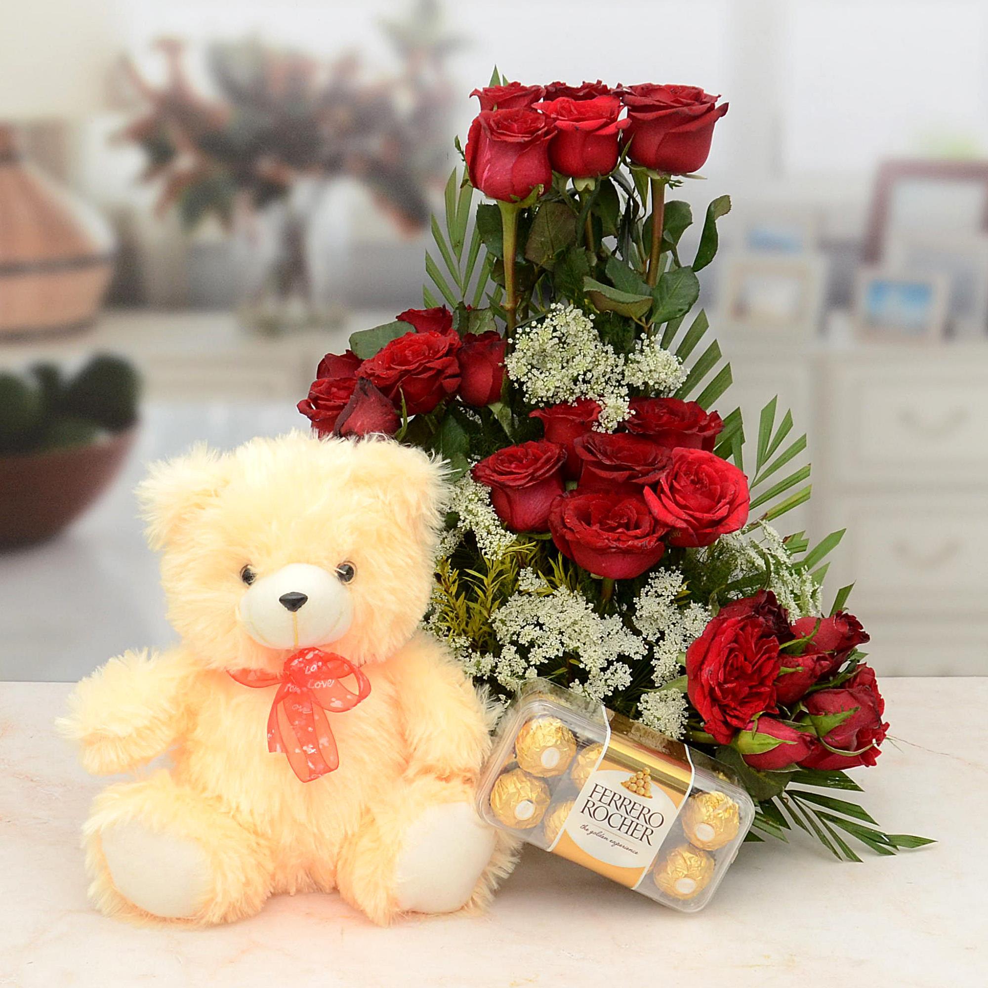 Roses N Teddy With Rocher